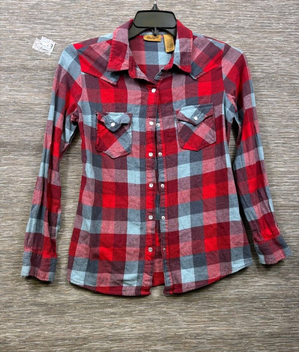 Wrangler Long Sleeve Button Up Shirt Retro Womens Size S Pearl Snaps Red Gingham